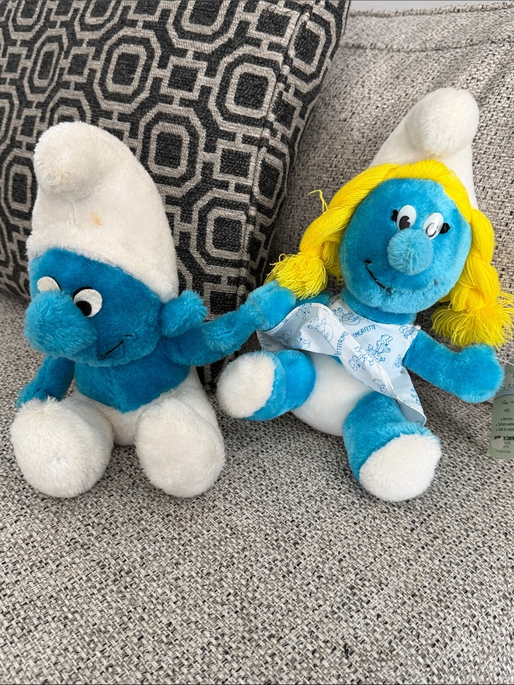 Set of 2 Plush Toy Smurfs w/Beanie Bottom Peyo 1980 & 1981 Smurfette Vintage